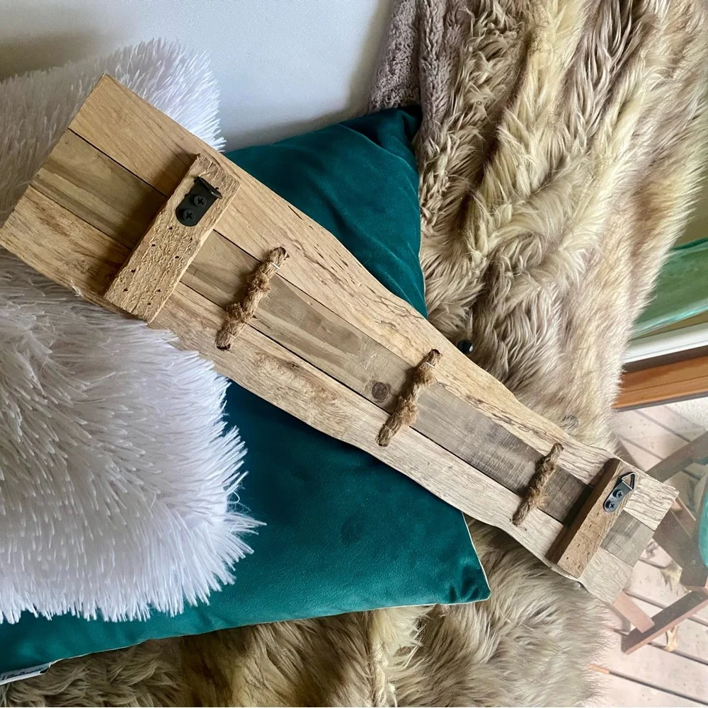 Hand Crafted Natural Live Edge Wood, w/5 Wrought Iron Hooks, & Jute rope.